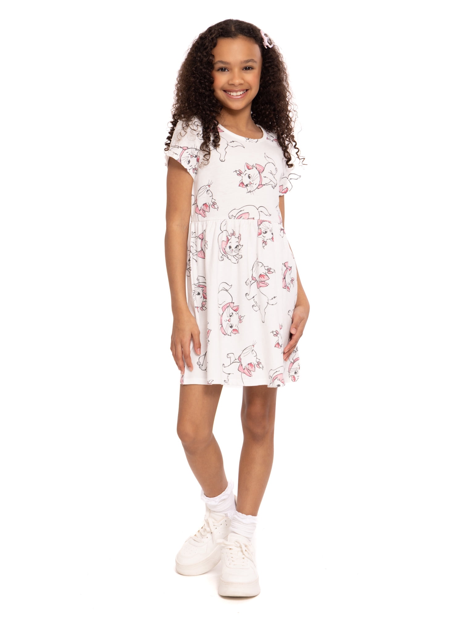 Marie Aristocats Girls Allover Print Dress with Short Sleeves, Sizes 4-12