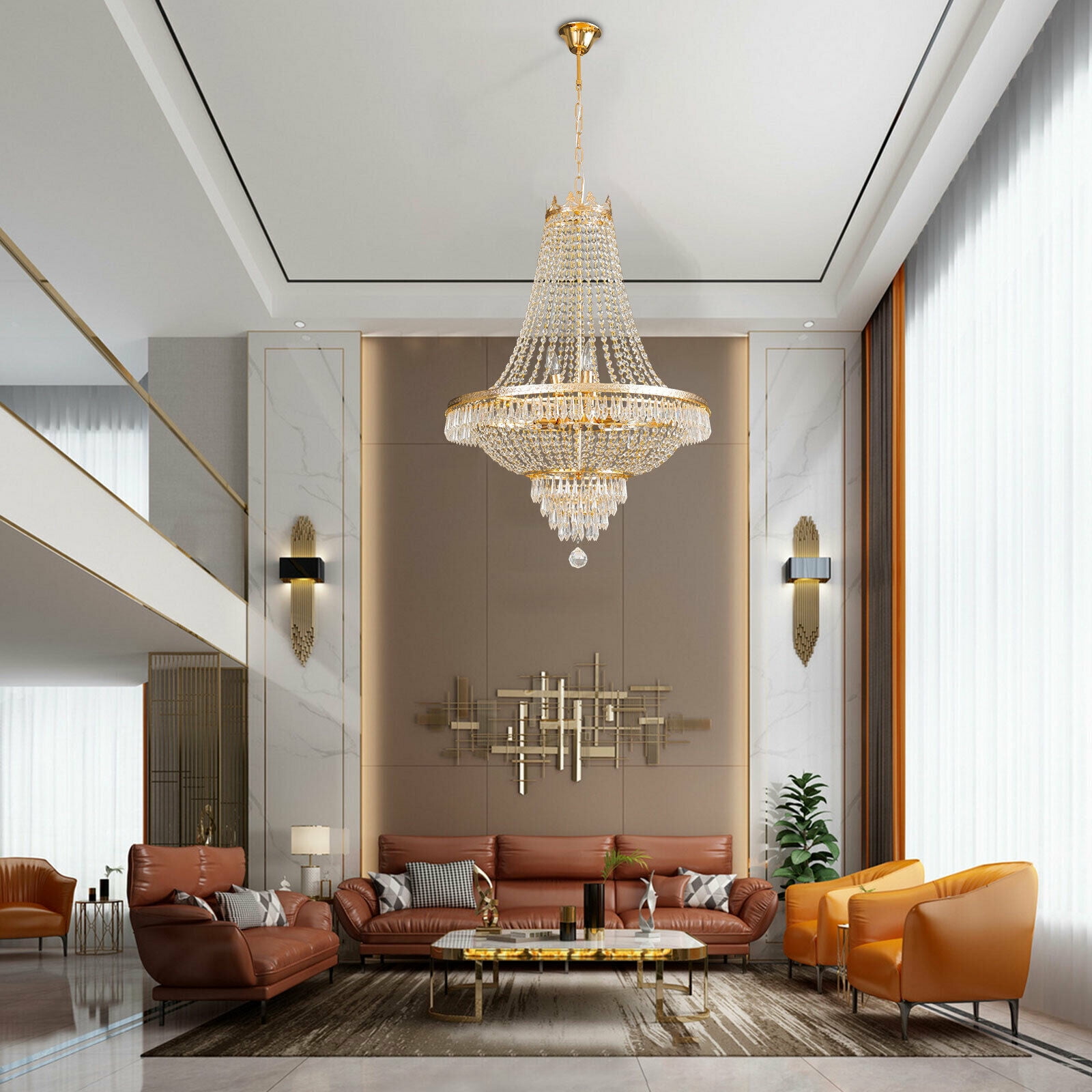 Wuzstar 30" Luxury Empire Crystal Ceiling Pendant Light Modern Chandelier Hanging Light Fixture for Entryway Foyer, Gold