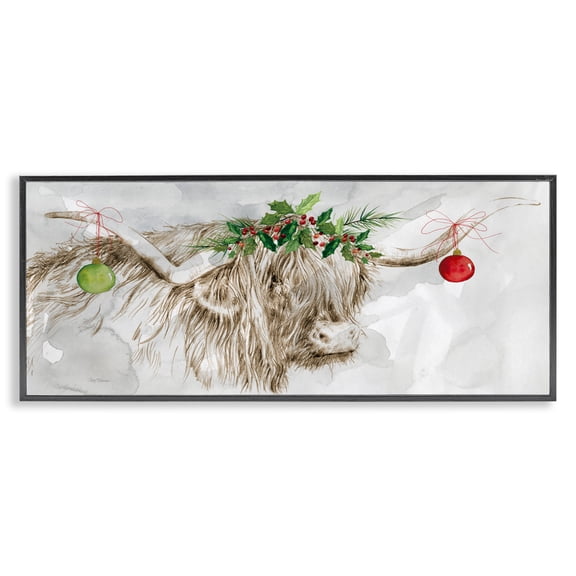 Stupell Industries Rustic Lodge Cattle with Christmas Ornaments Black Framed Giclee Art, 30 x 13, by Carol Robinson