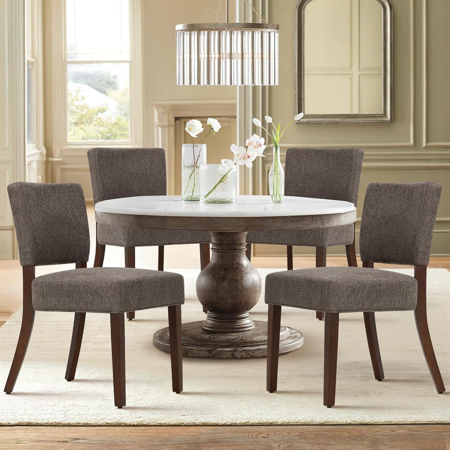 Mid Century Modern Dining Chairs Set of 4, Upholstered Kitchen Chairs with Back, Farmhouse Fabric Side Dining Room Chairs with Wood Legs for Dining Room Kitchen Restaurant, Brown