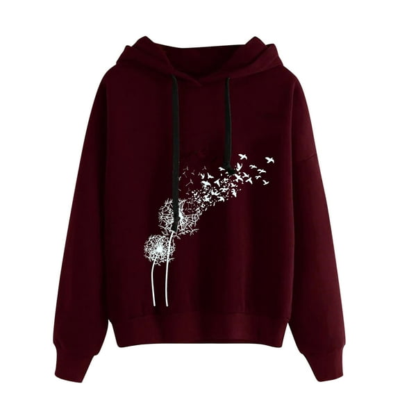IROINNID Women's Long Sleeve Sweatshirt Mid-Length Print Casual Sweatshirt Tops Drawstring Lightweight Tops, Wine