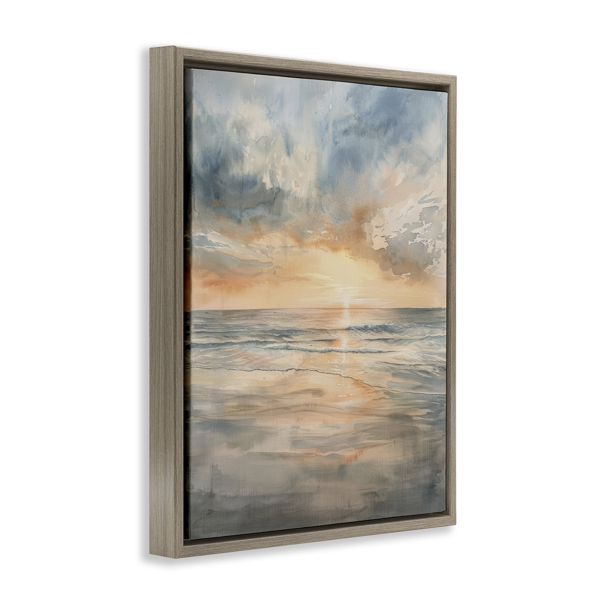 Stupell Industries Coastal Sunset over Gentle Waves Brown Framed Floater Canvas Wall Art, design by Petal Prints Design