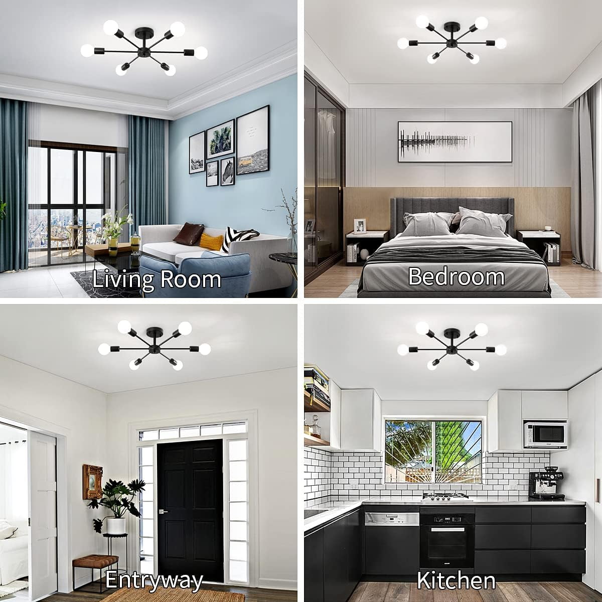 Semi Flush Mount Ceiling Lights 6 Light Matte Black Sputnik Chandelier Kitchen Light Fixtures Dining Room Light Modern Ceiling Lights for Dining Bedroom Living Room (Exclude Bulb)