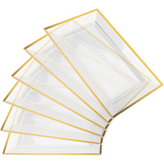 Elegant Plastic Serving Tray & Platter Set (6pk) - Clear & Gold Rim Disposable Serving Trays & Platters for Food - Weddings, Upscale Parties, Dessert Table, Cupcake display - 8x13 inches