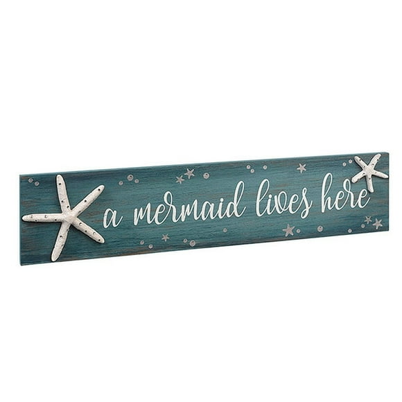 grasslands Road 474122 Mermaid Lives Here Sign with Starfish and Rhinestone Accents 4 X 18, White