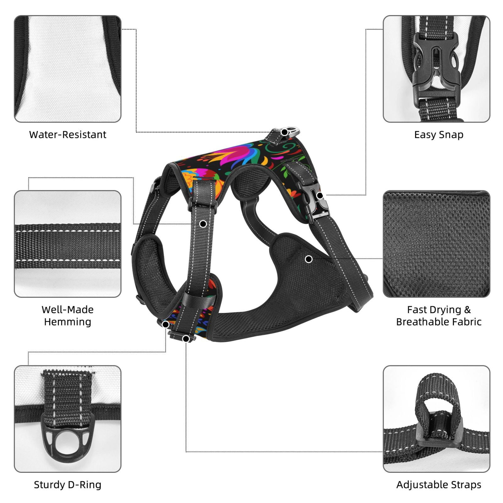 Picia Mexican Flower Traditional1 No-Pull Dog Harness Reflective Front Clip Vest with Handle,Step-in Air Dog Harness,Adjustable 2 Metal Rings 4 Buckles,Easy to Put on & Take Off Medium