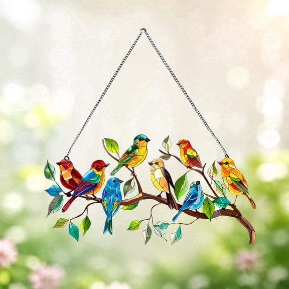 1Pcs Stained Glass Birds on Branch,Colorful Acrylic Bird Decor,6.22 x 11.82 inch,Double Side Hand Painted Suncatcher Window Hanging for Indoor and Outdoor for Patio Home Ornament 1Pcs A