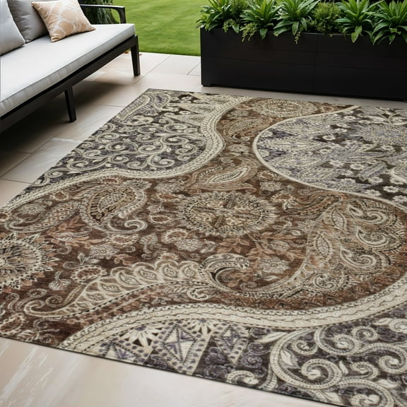 HomeRoots 603174 5 x 8 ft. Brown, Beige & Tan Floral Medallion Washable Indoor & Outdoor Rectangle Area Rug