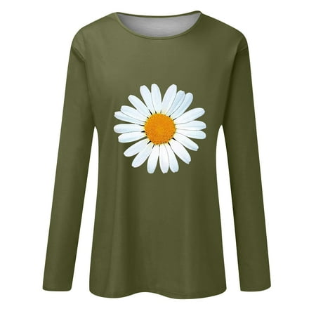 

WUDATI Ladies Sunflower Print Long Sleeve T-Shirt Summer Autumn Lightweight Casual Loose Fit Top for Daily Wear Pair with Jeans Leggings