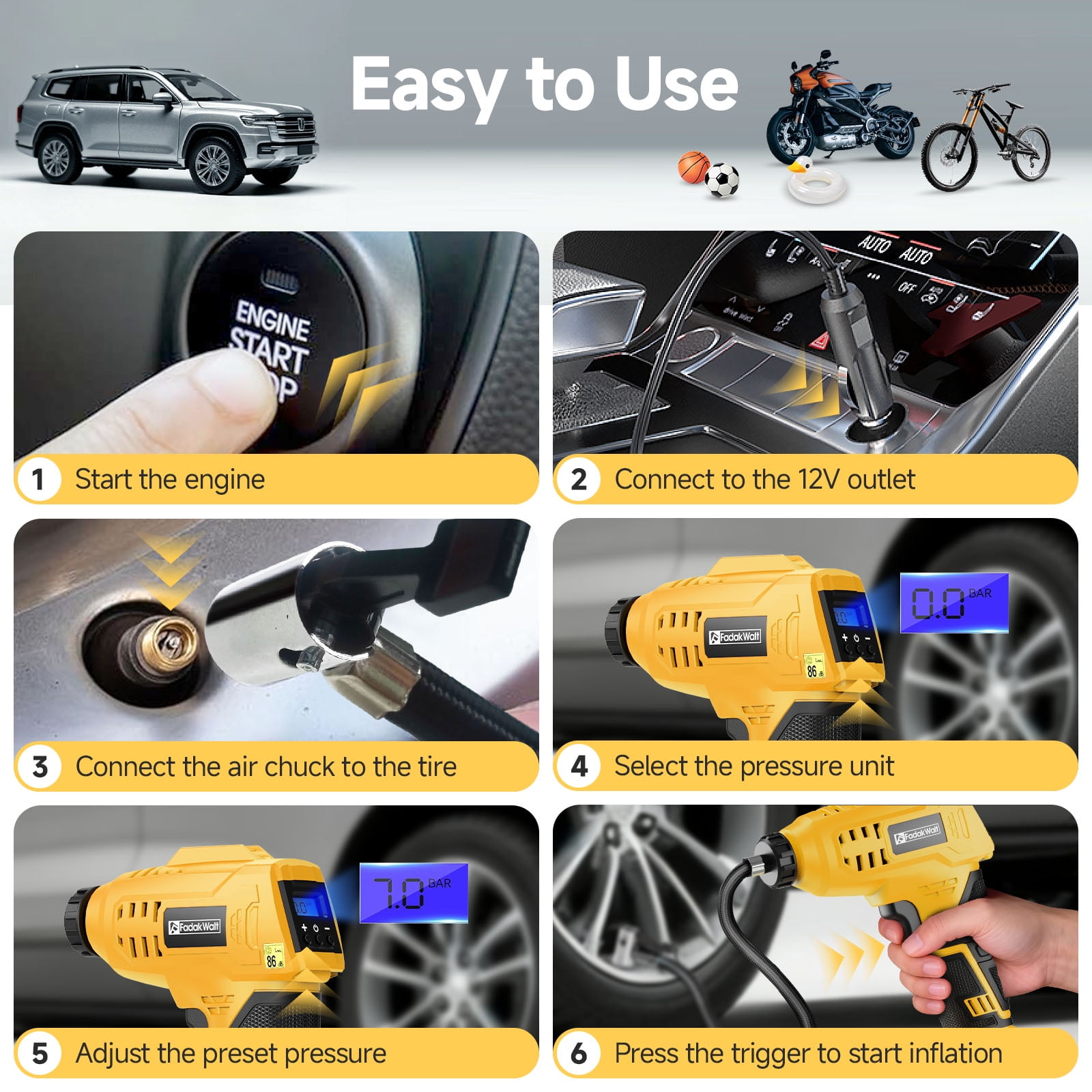 FADAKWALT Tire Inflator Portable Air Compressor, 20V Cordless Car Tire Pump, 160PSI Handheld Electric Air Pump with Rechargeable Battery, Auto Shutoff & Digital Gauge for Cars & Motorcycles(Yellow）