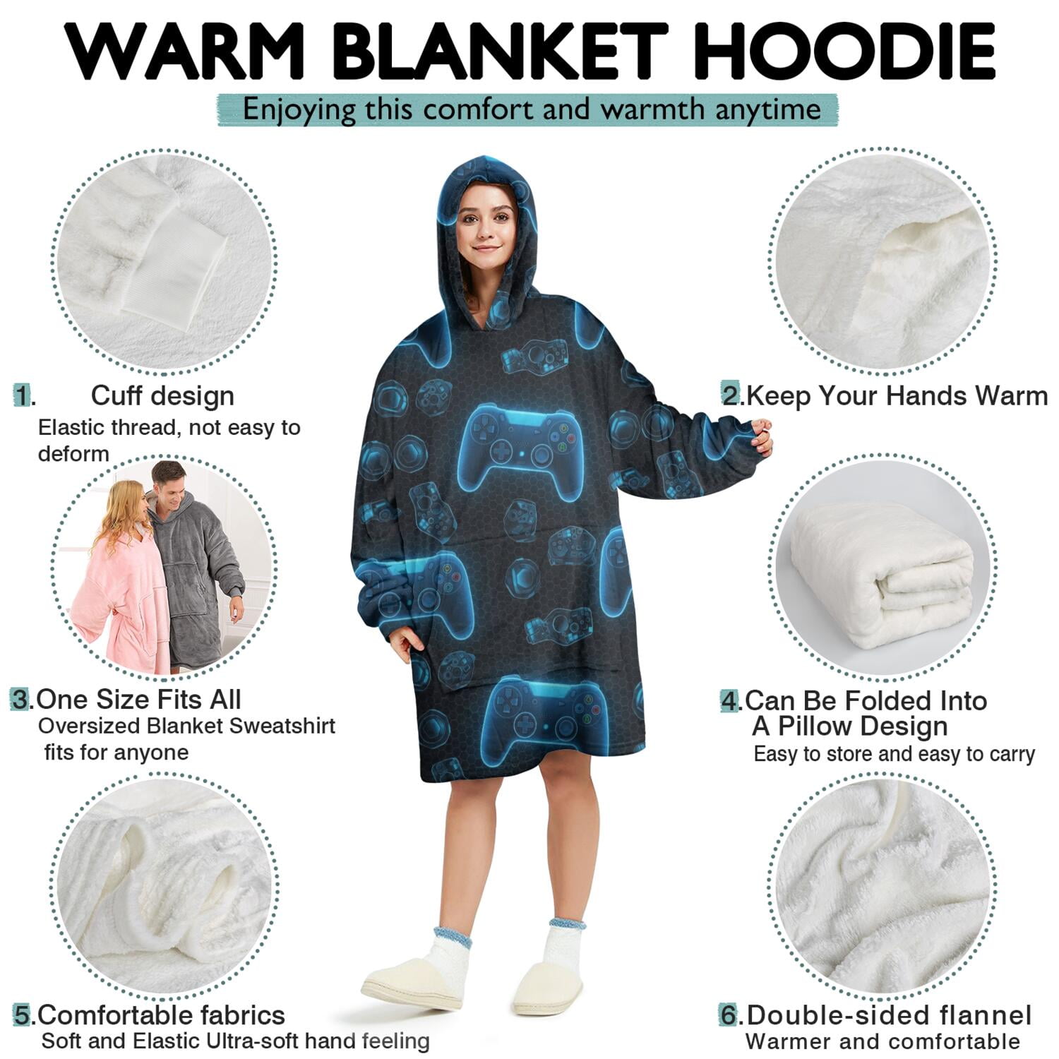 Wearable Oversized Blanket,Neon Controllers Games Icons Black Pattern Wearable Blanket Hoodie for Adults,Cozy Hooded Blankets with Super Pockets,Super Warm Fuzzy Pullover for Women & Men