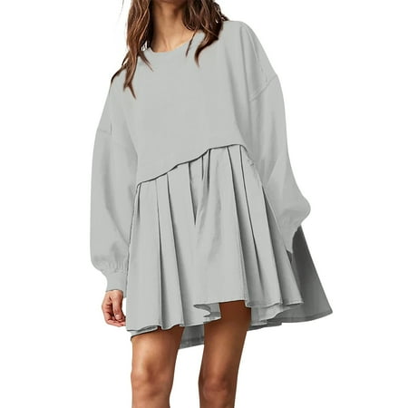 Biziza Women s Casual Crew Neck Pullover Sweatshirt Dress Long Sleeve Ruffled Sweatshirt Mini Dresses Knit Mini Babydoll A Line Dress S-5XL