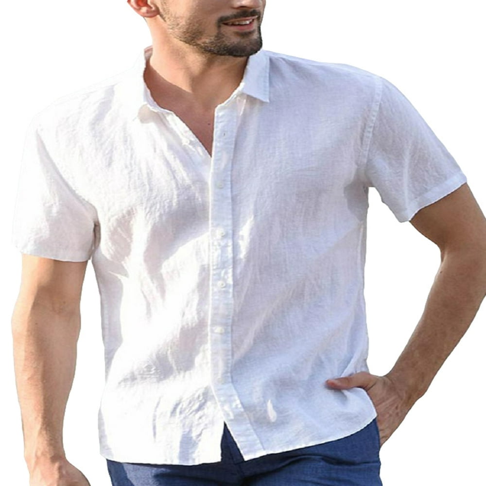 POINTERTECK Mens Linen Short Sleeve Solid Shirts Casual Loose Dress Soft Tops Tee
