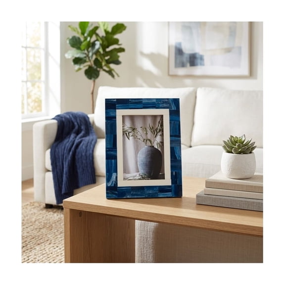 Decorative Resin and Wood Picture Frames for Tabletop Decor - Casual Layered Photo Frame for Living Room Display - Subtle Dimensional Detail and Artisan-Inspired for Room Styling - 9", Blue & White