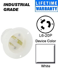 Flanged Inlet Locking Receptacle 250 Volt White Leviton 2325 20 Amp Grounding Industrial Grade
