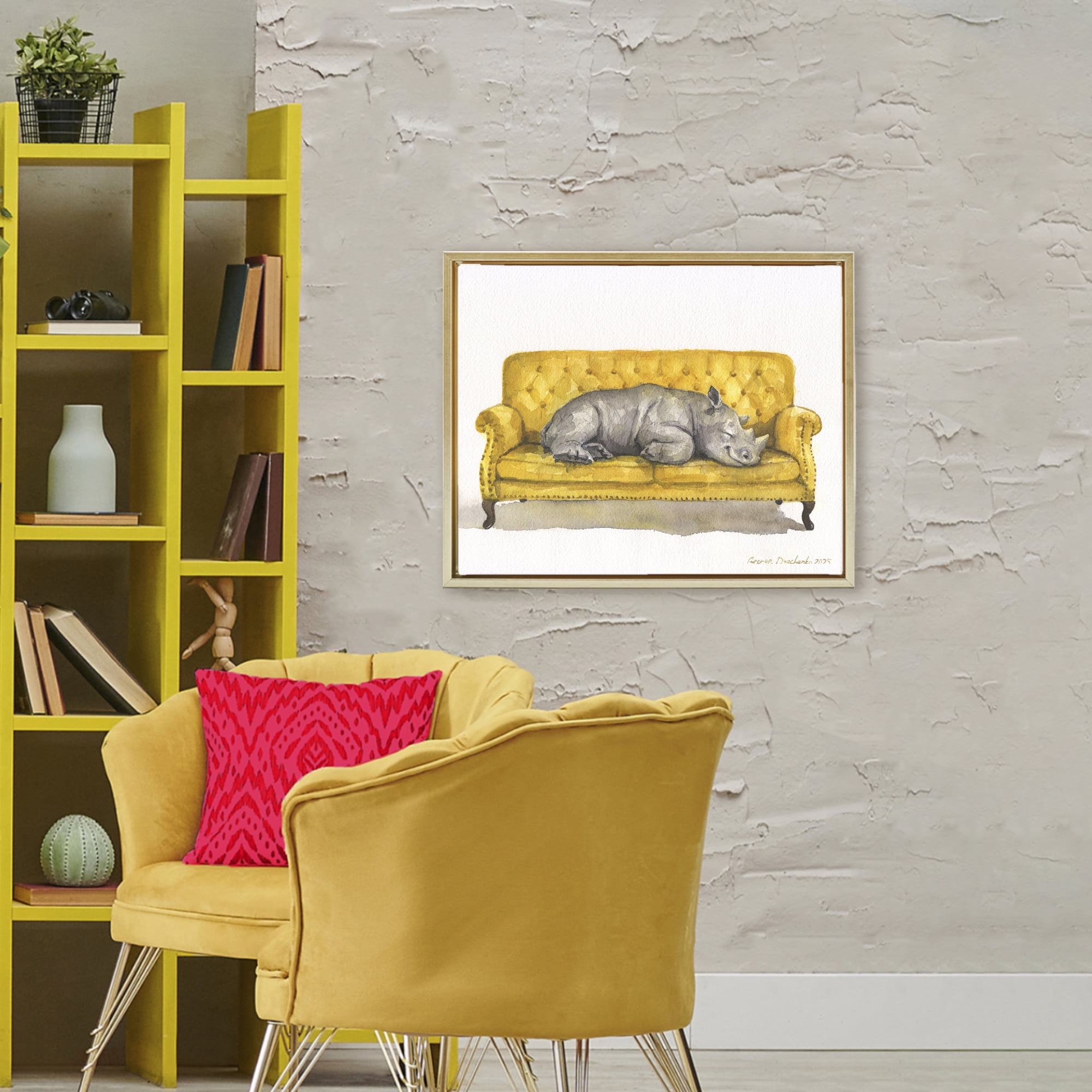 Stupell Industries Cute Rhino Resting Gold Framed Floater Canvas Wall Art, design by George Dyachenko