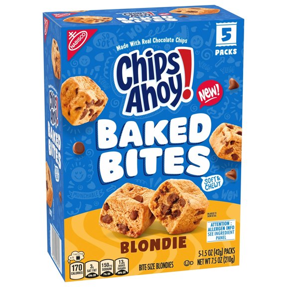 CHIPS AHOY! Chocolate Chip Cake Bites, Baked Blondie, 5 - 1.5 oz Packs Shelf Stable Cardboard Box, Pack of 4