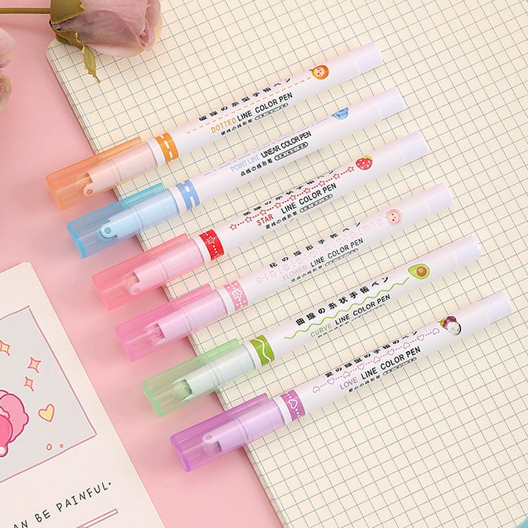 AAHAN SHOPPE Designer Linear Roller Curve Highlighter Pens Set, 6 Colored  Cute Outline Curve Highlighters Pens