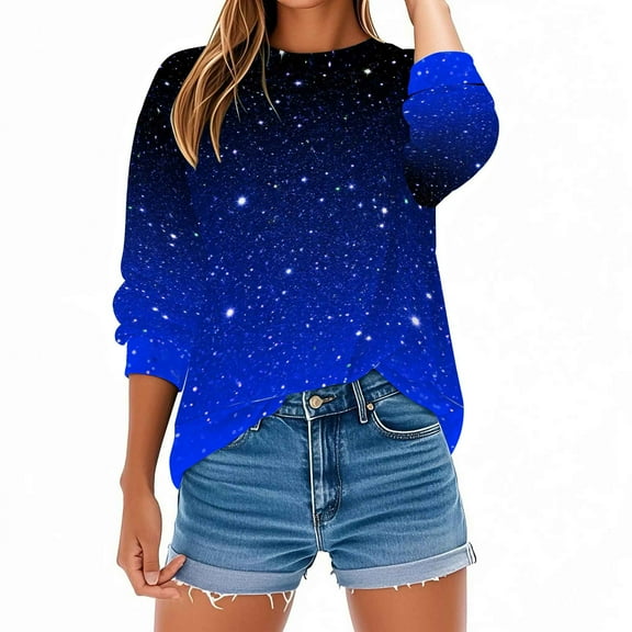 Otntypg Fall Crewneck Sweatshirts for Women Lightweight Thin Long Sleeve Shinny Sequin Printed Pullover Tops Loose Oversized Dressy Party Glitter Shirts Fashion Outfits Winter Clothes 2025 Blue L