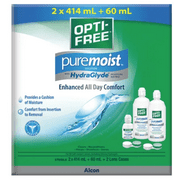 Opti-Free PureMoist Multi-purpose Clean, Disinfect, Hydrate 2-pack, 414 mL, 2 Pack with 60 mL Travel-Sized Bottle