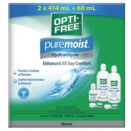 Opti-Free PureMoist Multi-purpose Clean, Disinfect, Hydrate 2-pack, 414 mL, 2 Pack with 60 mL Travel-Sized Bottle