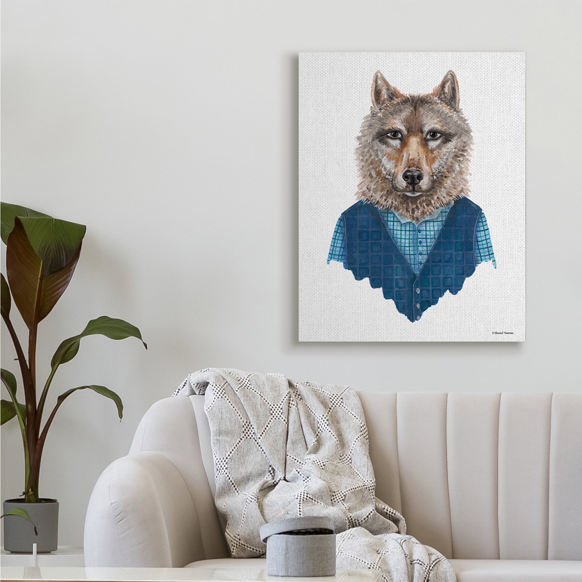 Stupell Industries Wolf In Human Clothing Plaid Patterned Shirt Vest,30 x 40,Designed by Rachel Nieman