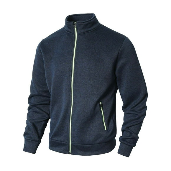 Men's Fleece Lined Zip Up Hoodie, Stand Collar Running Jacket with Zipper Pocket, Winter Workout and Casual Jacket