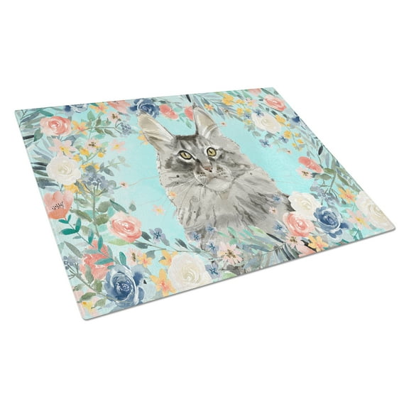 Maine Coon Spring Flowers Glass Cutting Board Large