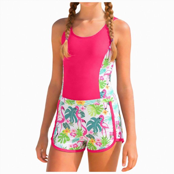 BOBOGOJP Girls Swimsuit One Piece Bathing Suit with Tropical Print Shorts Adjustable Strap Swimwear for Teens Size 9-16 (Hot Pink, 12-13 Years)