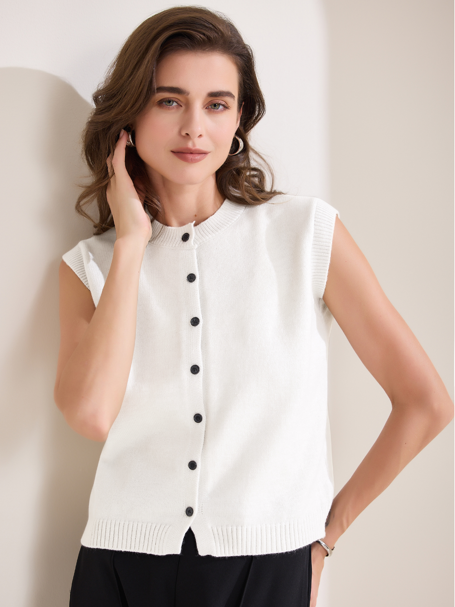 DARING DIVA Women's Button Down Crochet Chunky Knit Sweater Vest XS White