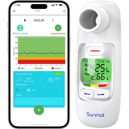 Sonmol Digital Home Breathing Test Device, PEF & FEV1 with Green LCD Screen & Bluetooth APP, for Adults and Children