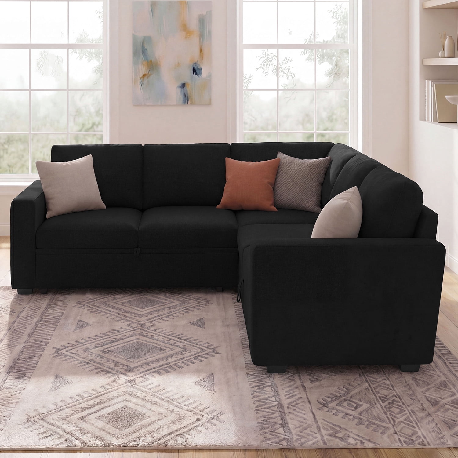Marrber Convertible Linen Upholstered Sectional Sofa Sleeper Pull-Out Sofa Bed with Storage for Living Room Furniture Sets, Velvet Black