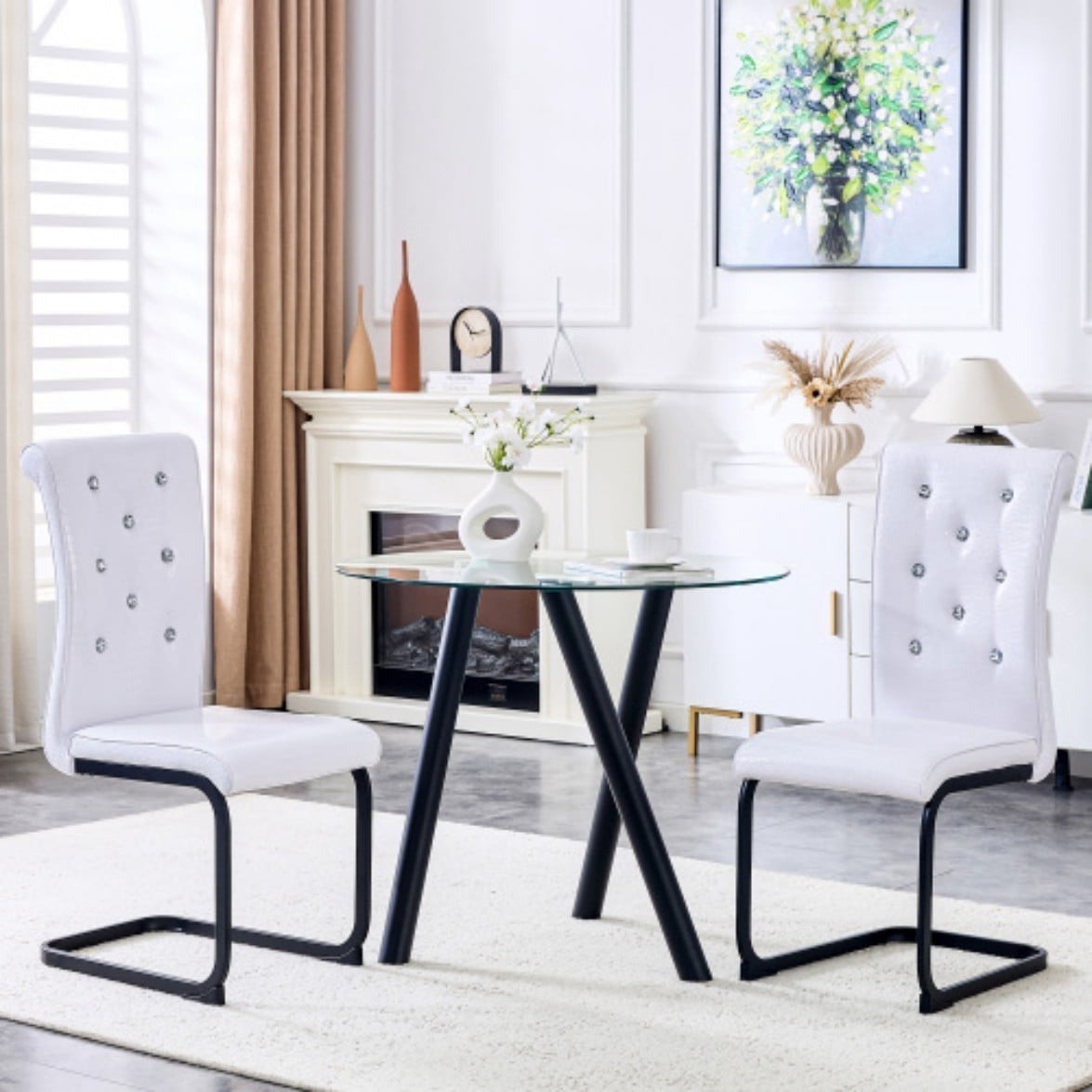Set of 2 Retro Dining Chairs, Faux Alligator Leather Upholstered Chairs with Crystal Button Details & Metal Bow Legs, 400 LBS, White & Black