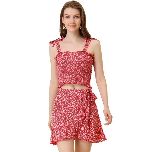 Conjunto De Falda Cruzada Y Top Corto Fruncido Allegra K con Lazo Floral Para Mujer Rojo XS