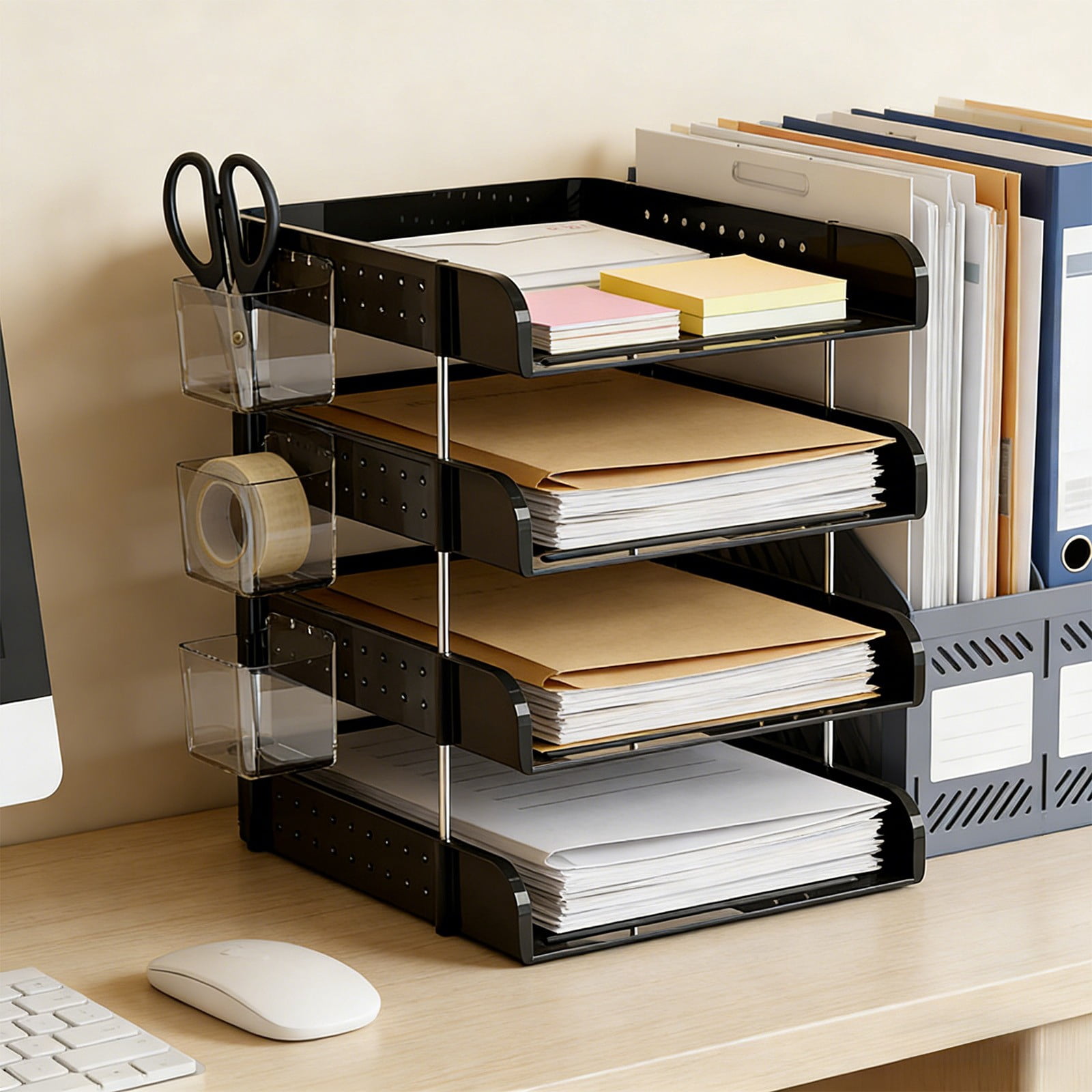Pegboard Desk Storage Organizer, 4-Tier Document and Supplies Rack for Stationery Cosmetics Files, Desktop Holder for Home Office Study Vanity