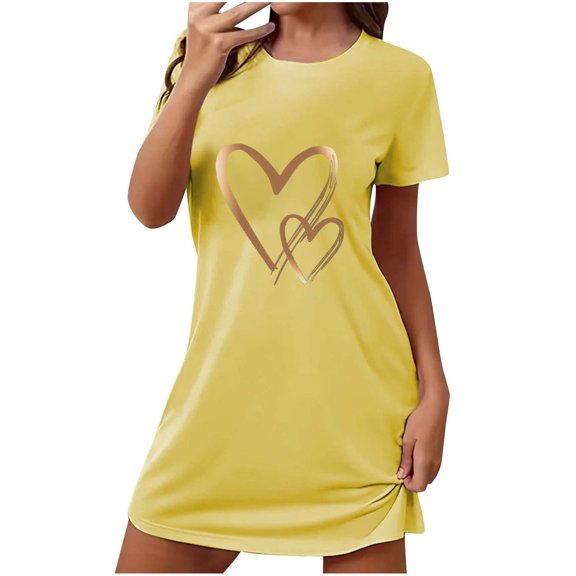 biudgviw Valentines Day Sleep Shirts for Women Short Sleeve Nightgown Casual Heart Print Crewneck Pajama Dress Soft Sleepwear S-XXL