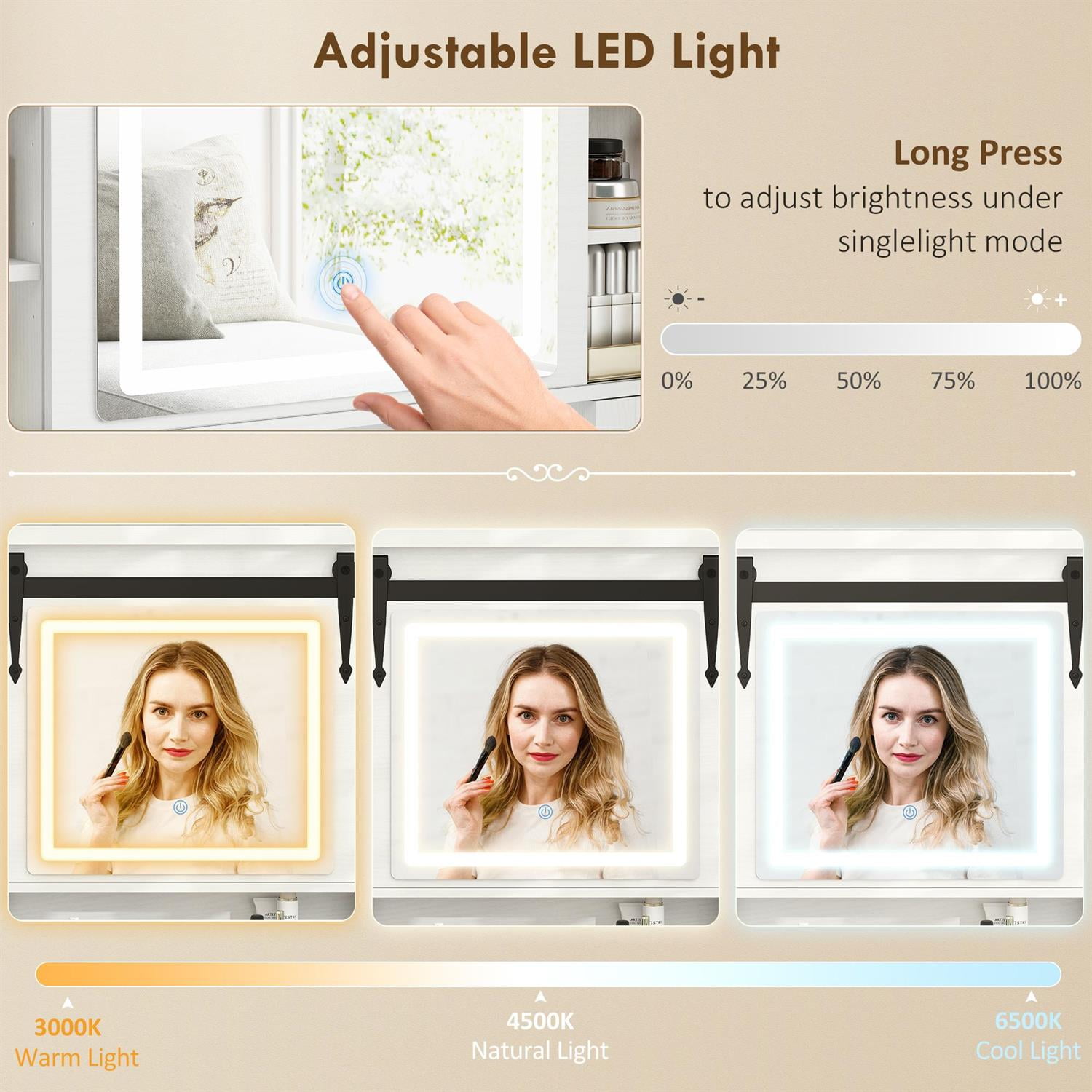 Demi Bonn 54" Modern Vanity Set with Mirror, Lights & Cushioned Stool, Storage Drawer, Cabinet & Shelves for Bedroom, White