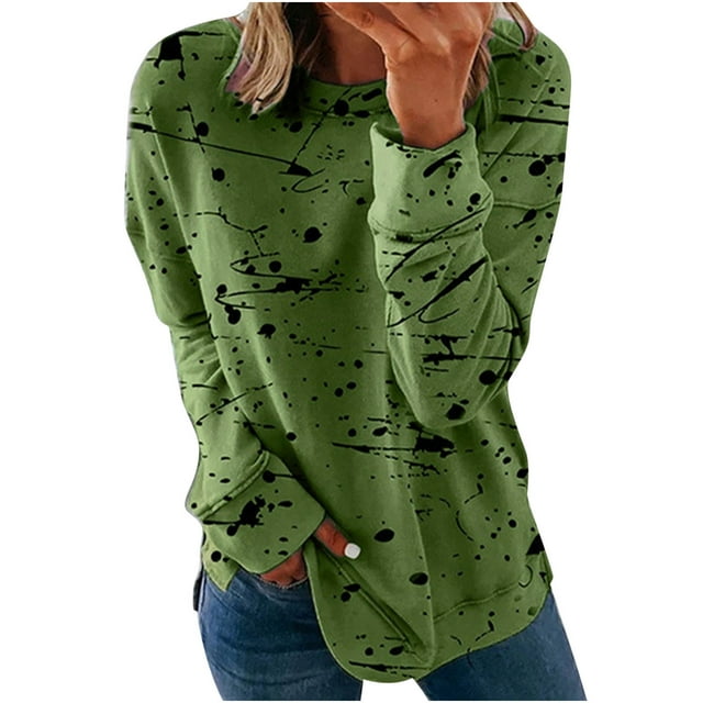 IROINID Liquidation Hauts pour Femmes Grande Taille Imprimé Manches Longues Confortable Respirant Col Rond Chemise Hauts, Vert