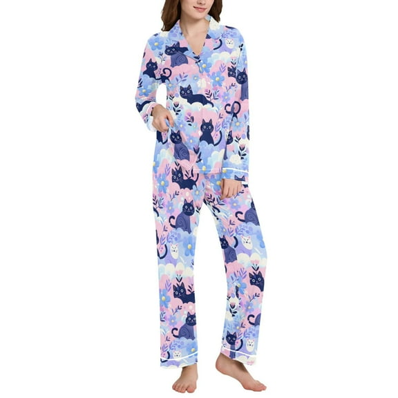 joogoo Pajamas Set for Women Cats Flowers Long Sleeve Pjs Loungewear L