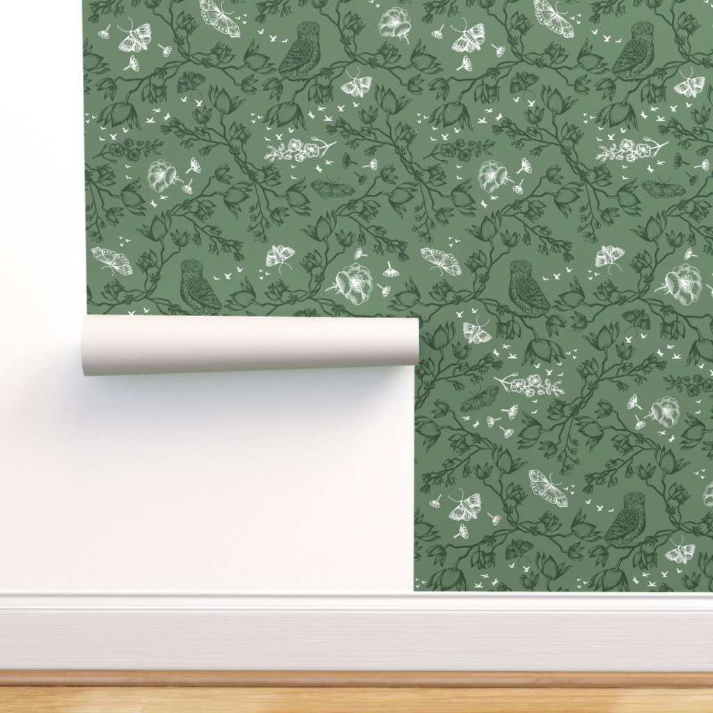 Peel & Stick Wallpaper 6ft x 2ft - Woodland Owl Floral Sage Green White