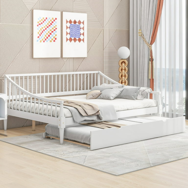 EUROCO Wooden Full Size Daybed with Storage Twin Trundle Bed for Kids Teens Adults Solid Wood Bed Frame White Walmart