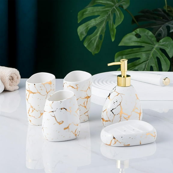 Modern White Ceramic Bathroom Accessory Set with Gold Marble , 6-Piece Essentials for Countertop