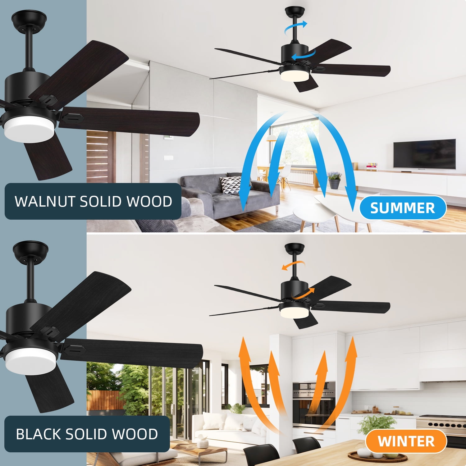 Xaujix 52'' Dimmable LED Black Ceiling Fan with Lights and Remote Control and Timing Function