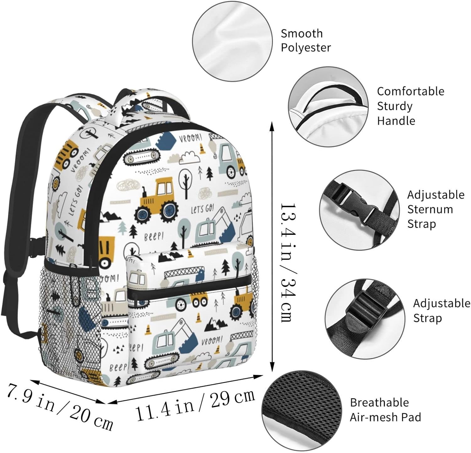 PAYOHTO Toddler Backpack for Boys Age 3-8 Kids Construction Truck Excavator Bookbag for Kindergarten Preschool Water Resistance Cute Mini Small Simple Travel Daypack (White)