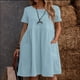 thumbnail image 1 of Puntoco Vestido De Algodón Y Lino De Color Sólido Con Bolsillo Y Cuello Redondo De Manga Corta Para Mujer A La Moda Azul Cielo Xl,Regalos Para Mujer Joven, 1 of 6