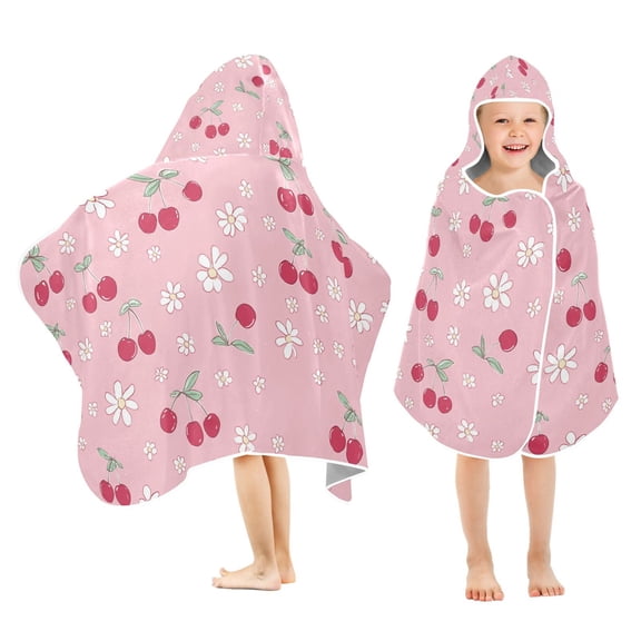Yayeee Kids Hooded Towel with Hand Pockets Beach Soft Absorbent Bath Wrap 50 x 23.5 inch, Pink Cute Cherry Pattern
