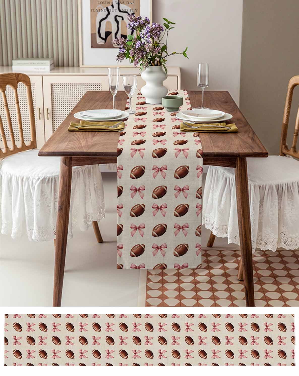 Pink Bow Football Table Runner 90 Inches, Modern Game Balls Retro Burlap Bed Runner Dresser Scarves Tabletop for Indoor Outdoor Parties/Ceremony/Banquet, 13" x 90"