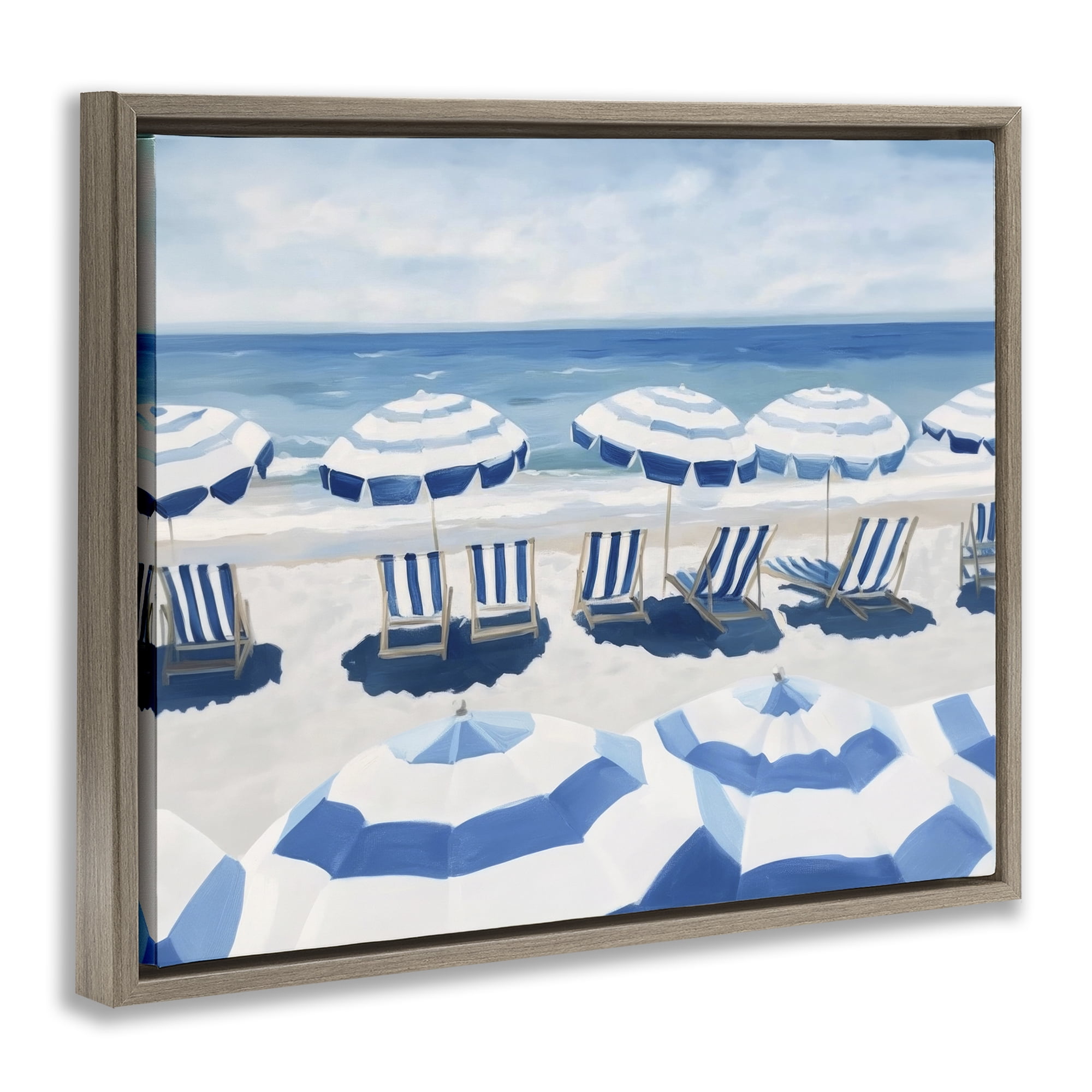 Stupell Industries Beach Nice Blue Striped Umbrellas Brown Framed Floater Canvas Wall Art, design by Sisi and Seb