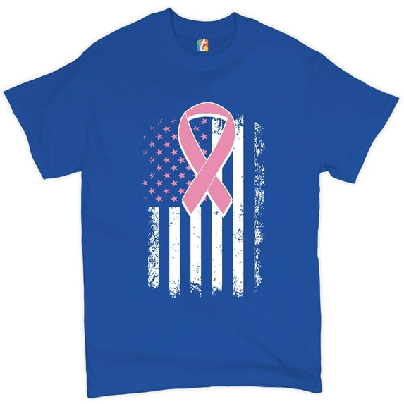 Tee Hunt Pink Ribbon Distressed Flag T-Shirt Breast Cancer Awareness Men's Novelty Shirt, Blue, 3X-Large