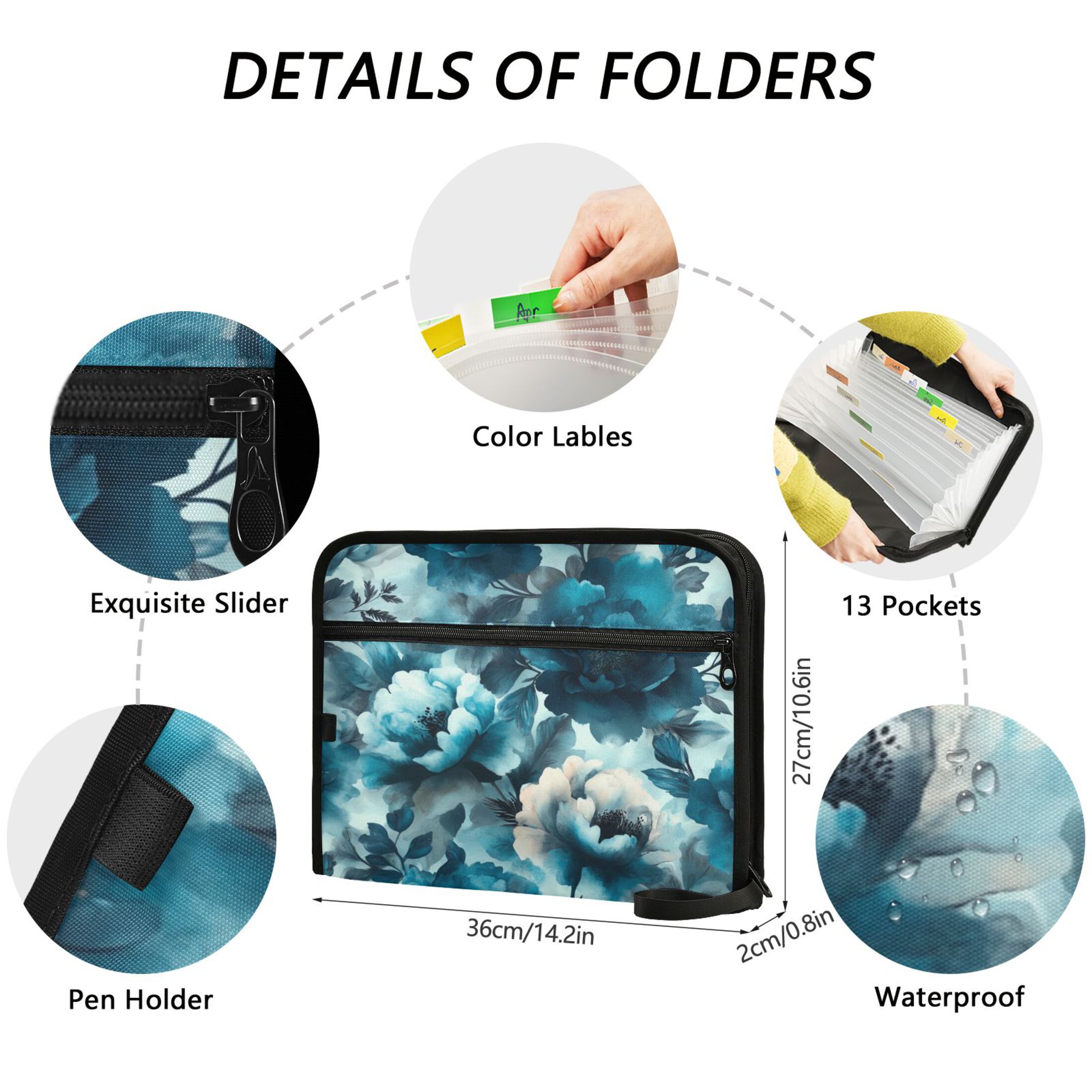 Accordion File Organizer with Zip Closure 13 Pockets Expanding File Folder Letter A4 Paper Document Organizer for Home Office Teal Elegant Floral Pattern